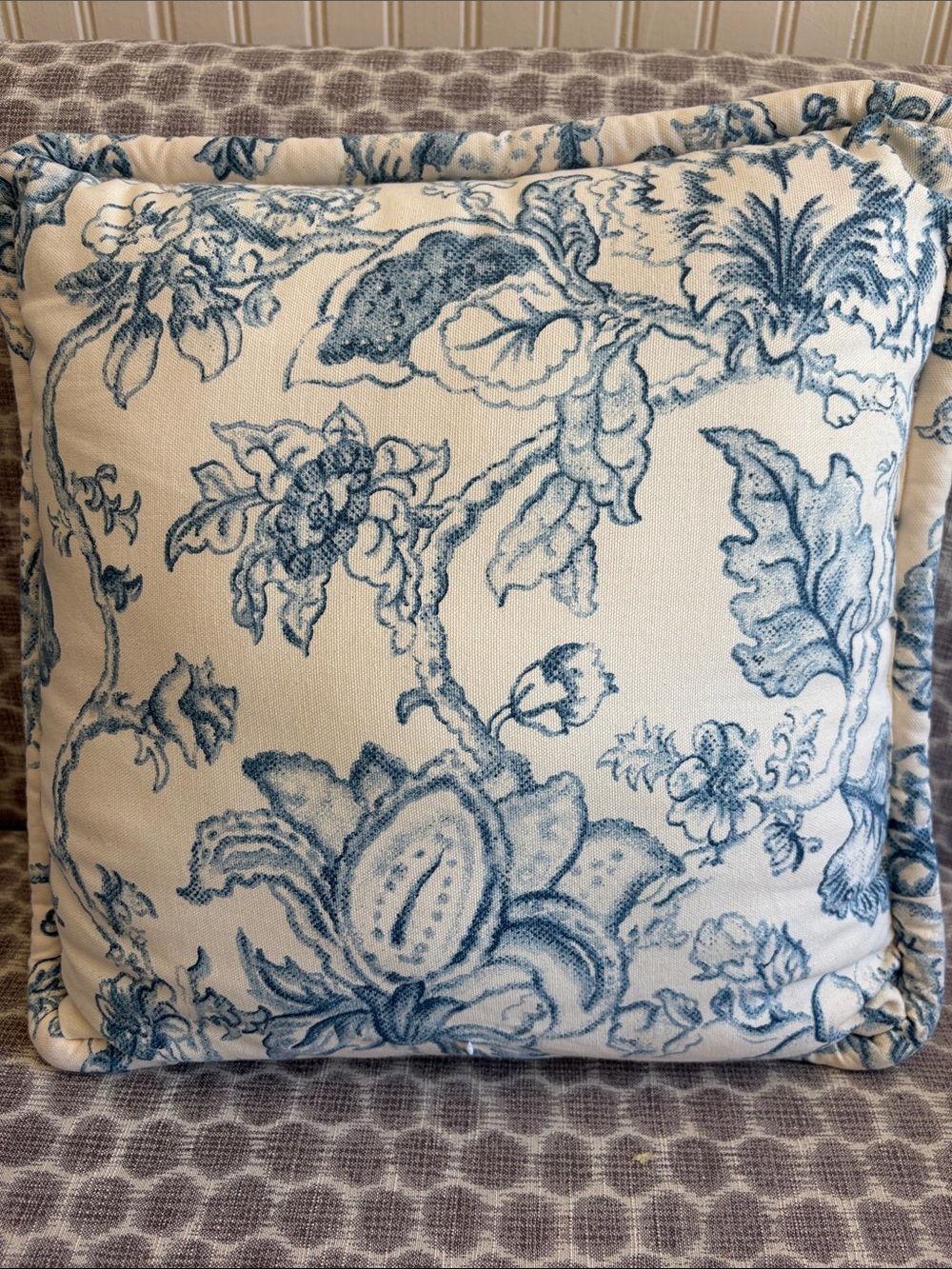 Blue Floral Toss Pillow - Cream and Blue Decorative Accent